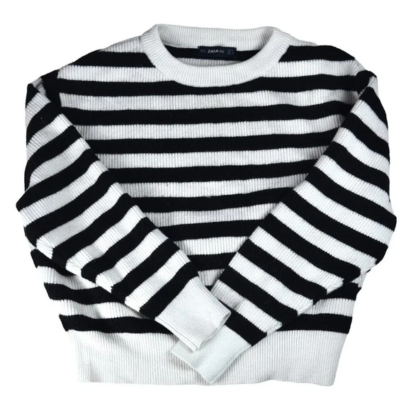 ZARA Knit Women's Cropped Sweater Black White Stripe Crewneck Nautical French M - Picture 1 of 5